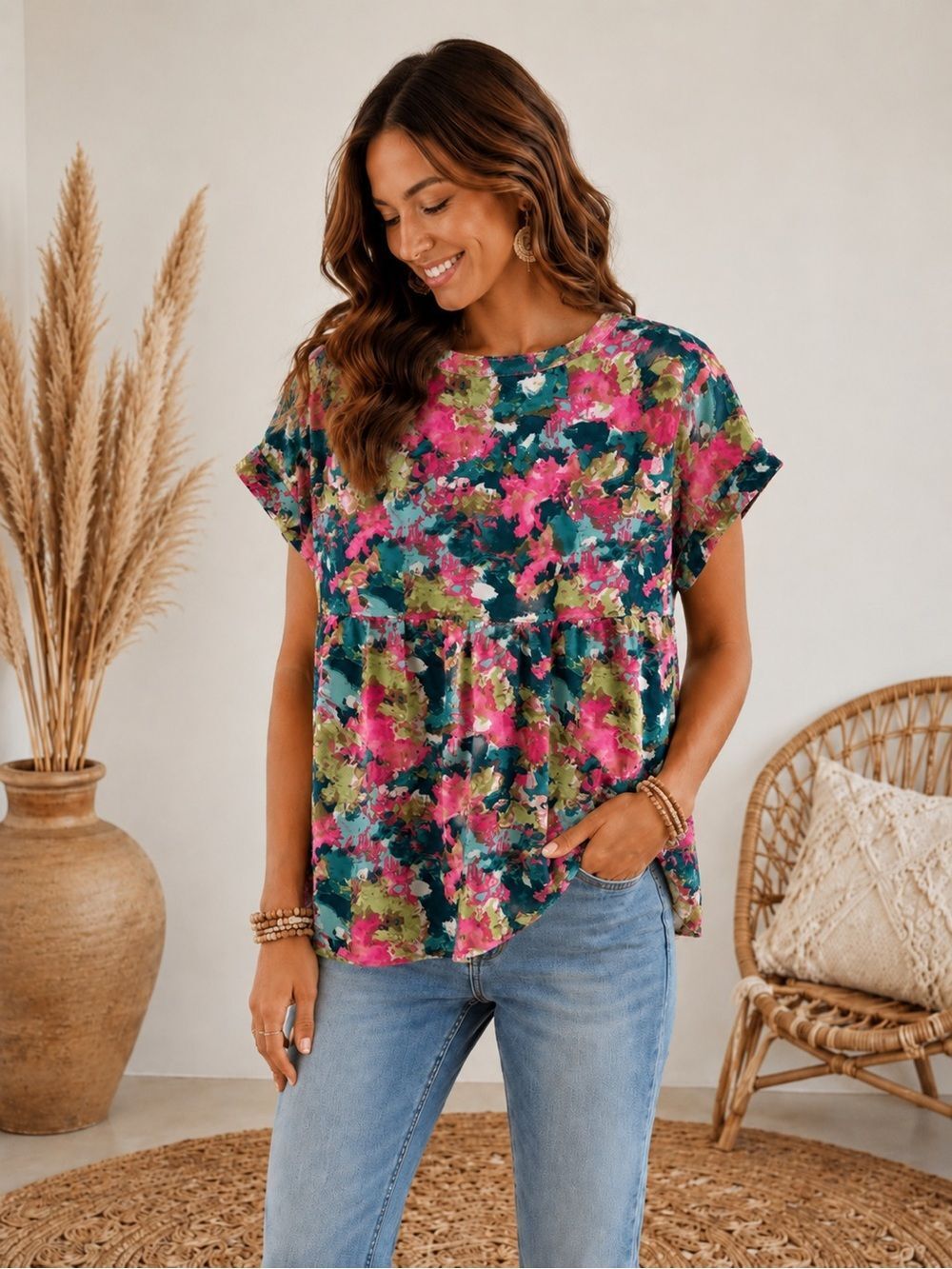 JODIFL Floral Short Sleeve Top in Pink & Teal
